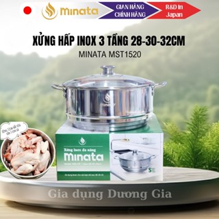 [HỎA TỐC] Xửng hấp 3 tầng inox có nắp vung kính size 24/32cm dùng được nồi 18-20-24 /28-30-32cm MINATA