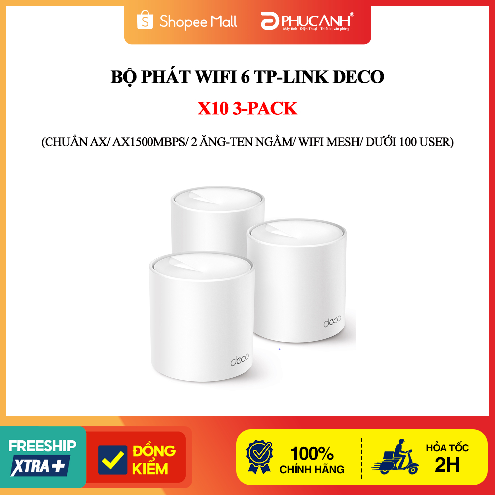 Bộ phát wifi 6 TP-Link Deco X10 3-Pack (Chuẩn AX/ AX1500Mbps/ 2 Ăng-ten ngầm/ Wifi Mesh/ Dưới 100 User)