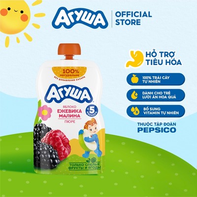 Trái cây nghiền vị táo, mâm xôi đen và mâm xôi đỏ Agusha 90g dành cho bé từ 5 tháng trở lên