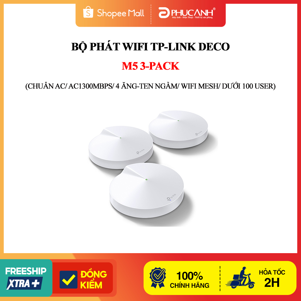Bộ phát wifi TP-Link Deco M5 3-Pack (Chuẩn AC/ AC1300Mbps/ 4 Ăng-ten ngầm/ Wifi Mesh/ Dưới 100 User)