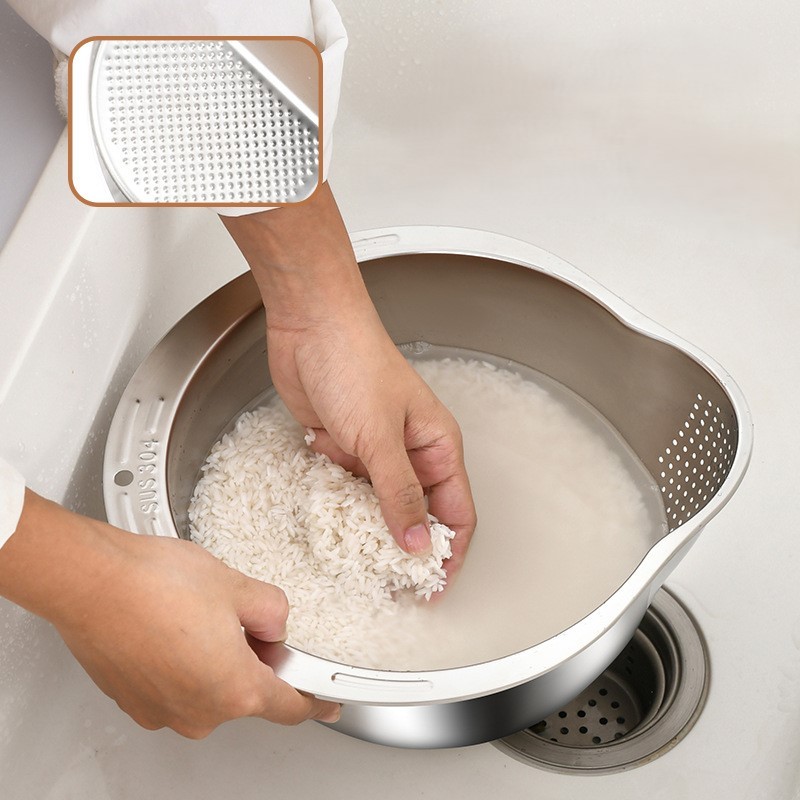 Rổ Vo Gạo Inox 304 Không Gỉ, Rổ Rửa Rau Hoa Qủa Thông Minh 2 Trong 1 Chất Liệu Inox 304 Dày Dặn