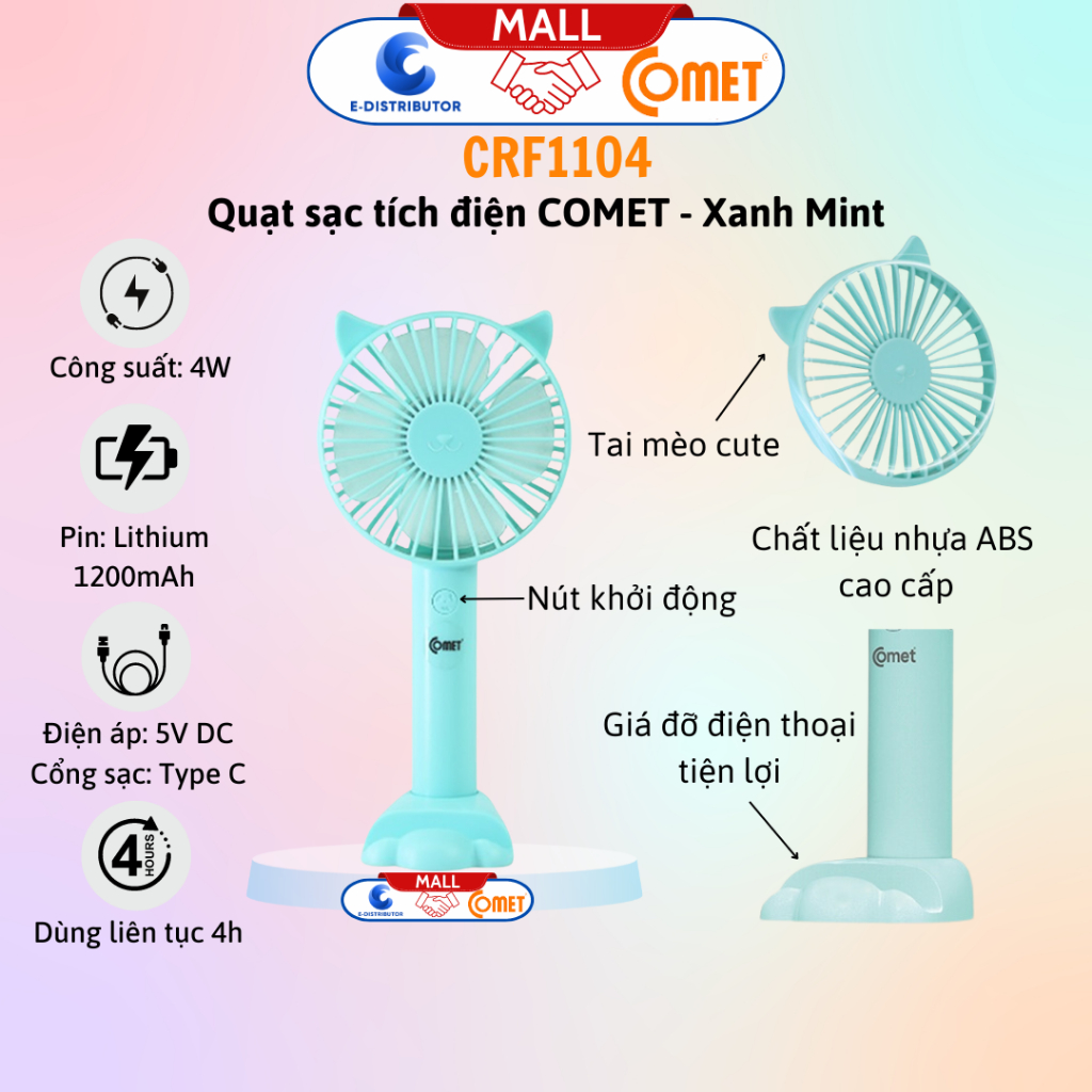 Quạt sạc tích điện cầm tay Comet CRF1104 - Công suất 4W - Dùng liên tục 4H - Hàng chính hãng