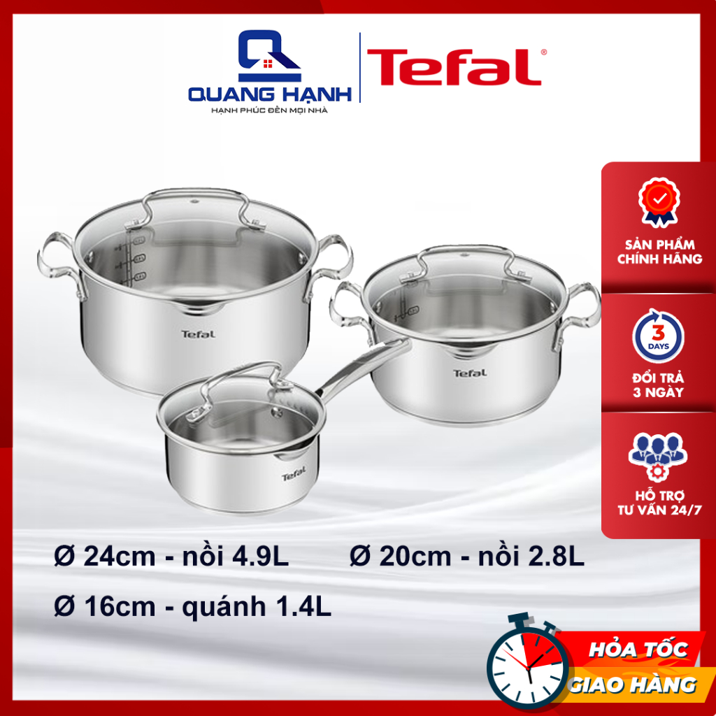 Bộ nồi quánh inox nắp kính 3 món Tefal Duetto Plus G719S674