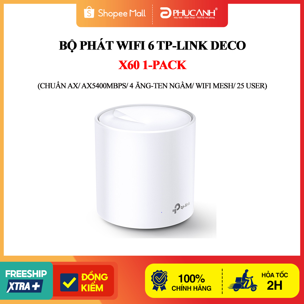 Bộ phát wifi 6 TP-Link Deco X60 1-Pack (Chuẩn AX/ AX5400Mbps/ 4 Ăng-ten ngầm/ Wifi Mesh/ 25 User)