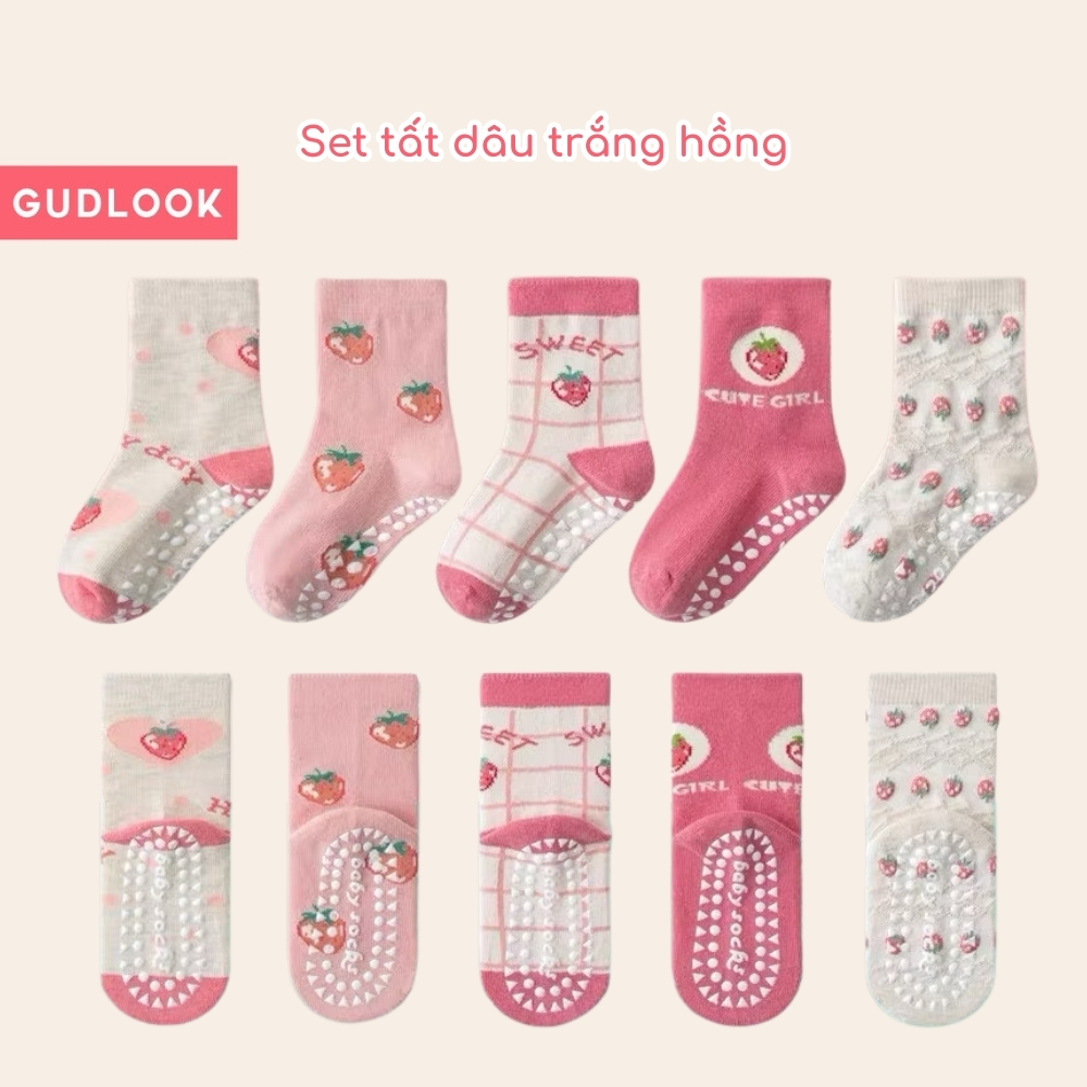 Set 5 đôi tất vớ cho bé cotton chống trượt GUDLOOK, họa tiết dâu hồng đáng yêu, siêu an toàn và thoải mái