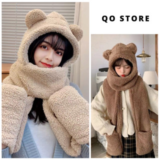 Mũ Len Tai Gấu Kèm Khăn Và Găng Tai 3 Trong 1 Siêu Xinh Dáng Mũ Lông Cừu Ấm Áp QO STORE KH16