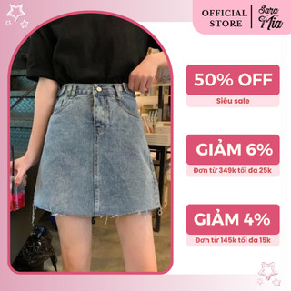 Chân váy Jean ngắn cạp cao chữ A điều chỉnh eo Saramia chân váy bò denim lưng cao tua rua gấu A8