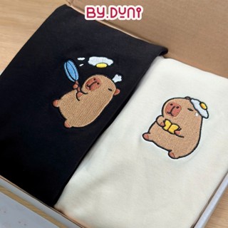 Áo thun THÊU cặp đôi BY.DUNI nam nữ form rộng Local Brand tay lỡ unisex, áo cặp CAPYBARA CHIÊN TRỨNG