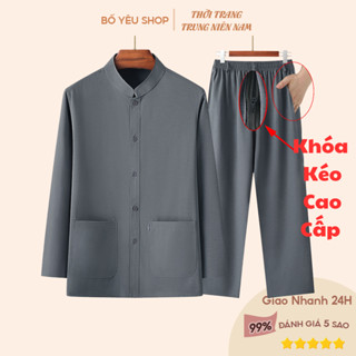 Đồ bộ nam trung niên cao cấp dài tay thu đông cổ tàu sang trọng chất vải không nhăn quần có khóa kéo
