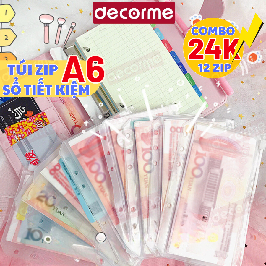 Túi zip sổ tiết kiệm DecorMe túi zip A6 đựng tiền, đồ cá nhân, gắn sổ tiết kiệm, sổ tay tiện lợi chống nước