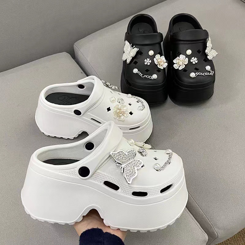 Dép sục nữ đế cao 8cm đính charm đá sang chảnh xinh lung linh, giày dép sục nữ đế độn tăng chiều cao đi êm chống trơn