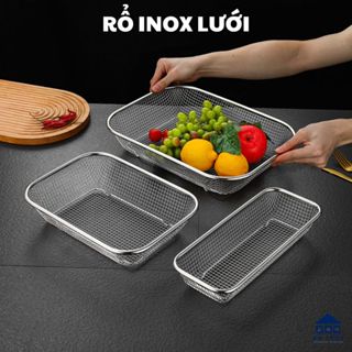  Rổ lưới inox hình chữ nhật có chân gồm 4 size đựng rau sống quán ăn đựng trái cây đồ chiên nhanh ráo nước dầu 