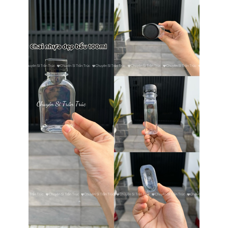 Set 50 chai nhựa 100ml dẹp bầu kèm nắp đen 30 đựng sốt, chai nhựa đựng gia vị, chai nhựa trong suốt 
