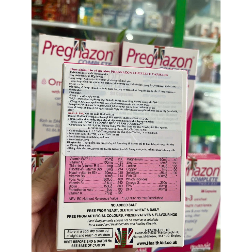 Pregnazon HealthAid - Bổ sung vitamin, khoáng, omega, sắt...cho phụ nữ mang thai - 30v - NT Bình An