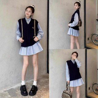 [Freeship] Set Váy Sơ Mi Xanh Dài Tay Mix Áo Gile Len Siêu Xinh