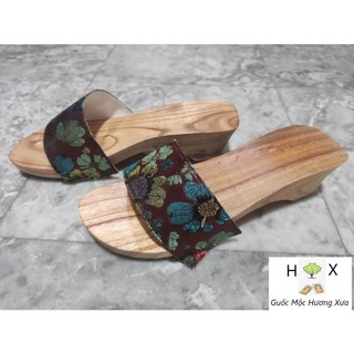 Guốc Gỗ Guốc Mộc Cao 5 Phân Quai Gấm Lụa ( đế cao su 2 lớp )