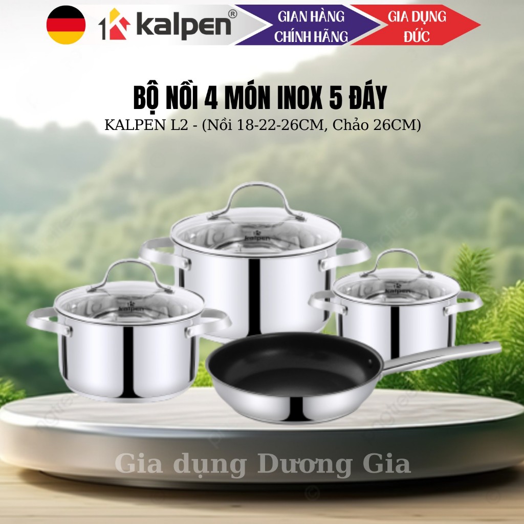 [HỎA TỐC] Bộ nồi 4 món inox 304, 5 đáy Kalpen Lermat L2pro. Nồi 18-22-26cm và chảo chống dính 26cm