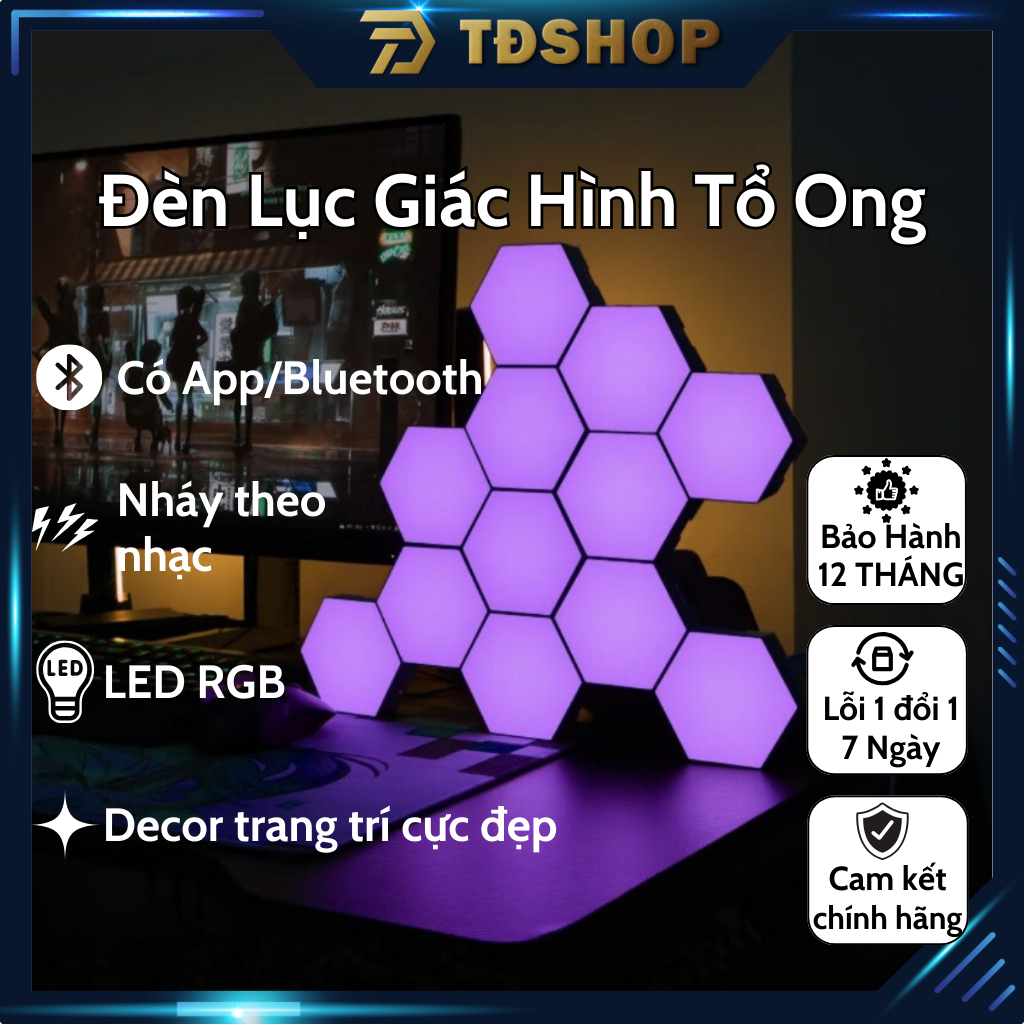 Đèn Led trang trí Lục Giác lắp ghép gắn tường RGB cảm biến âm thanh, kết nối APP, kèm củ sạc