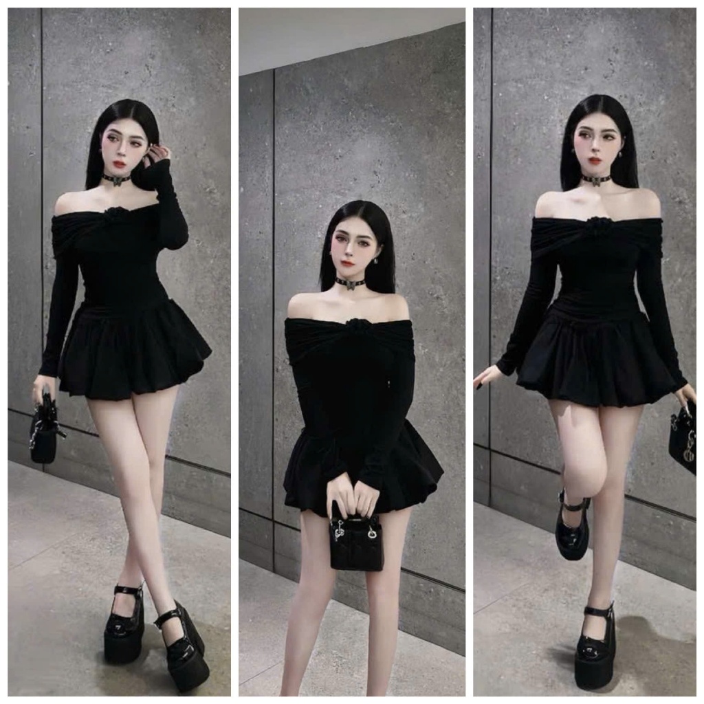 Đầm Váy Nữ Trễ Vai Đính Hoa Body Xòe Tùng Bí Với Tone Màu Đen Tôn Da, Tôn Dáng Diện Đi Chơi, Đi Phố Siêu Xinh