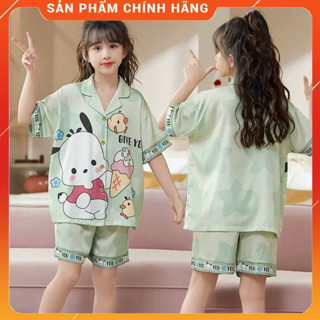 [12-48KG] Bộ đồ ngủ tay cộc lụa latin cao cấp cho bé in hình baby three labubu cinamoroll kurromi cho bé gái -AN AN KIDS