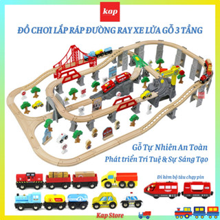BỘ ĐỒ CHƠI ĐƯỜNG RAY XE LỬA, TÀU HỎA CAO CẤP BẰNG GỖ 3 TẦNG - CÓ KÈM TÀU CHẠY PIN