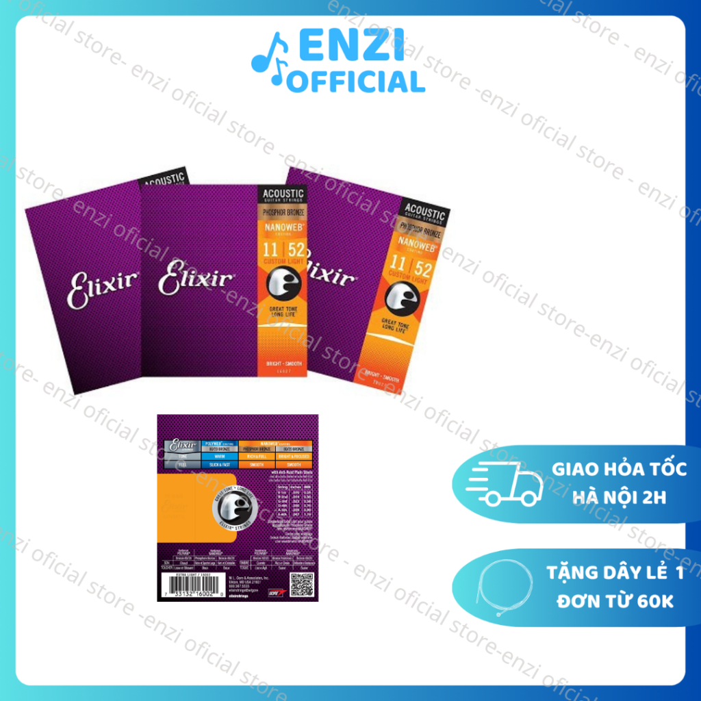 Dây đàn guitar acoustic elixir 16027 Phosphor Bronze Nanoweb cỡ 11 dây đàn Elixir 16052 và 16002 chí