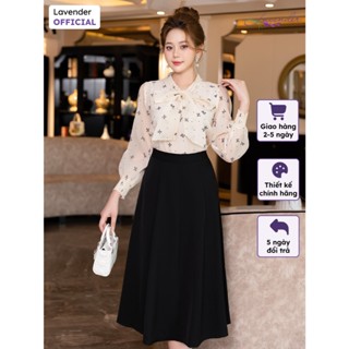 Áo sơ mi công sở nữ LAVENDER màu be cổ thắt nơ họa tiết nơ đen A4043