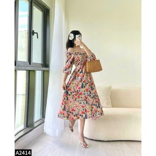 Đầm midi hoa hồng xếp ly ngực chun vai cho các nàng tiểu thư A2414