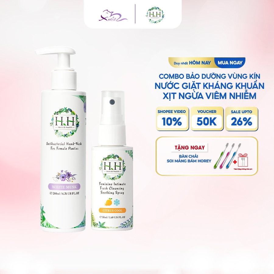 Combo Xịt Phụ Khoa HH 50ml + Nước Giặt Tay Đồ Lót Hữu Cơ HH 200ml Chiết Xuất Tự Nhiên An Toàn Cho Da Nhạy Cảm