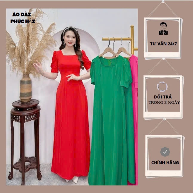 Áo dài cổ vuông trơn tay bồng mang xéc trẻ trung cho các chị đi tiếc lụa mỹ mềm mịn co giãn
