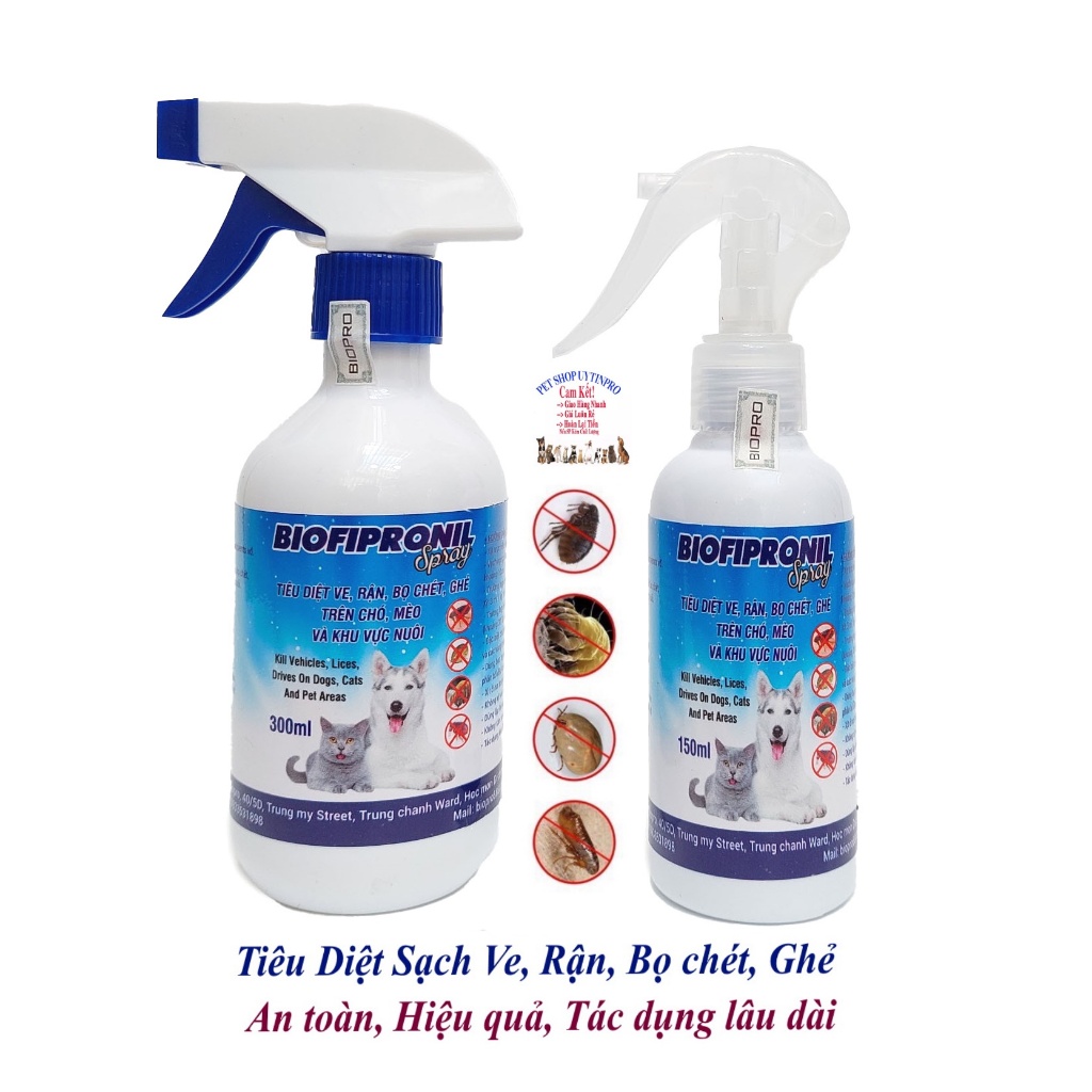 Chai xịt tiêu diệt sạch ve rận bọ chét ghẻ cho Chó, Mèo BioFipronil An toàn, Hiệu quả, Tác dụng lâu dài Sx tại Việt Nam