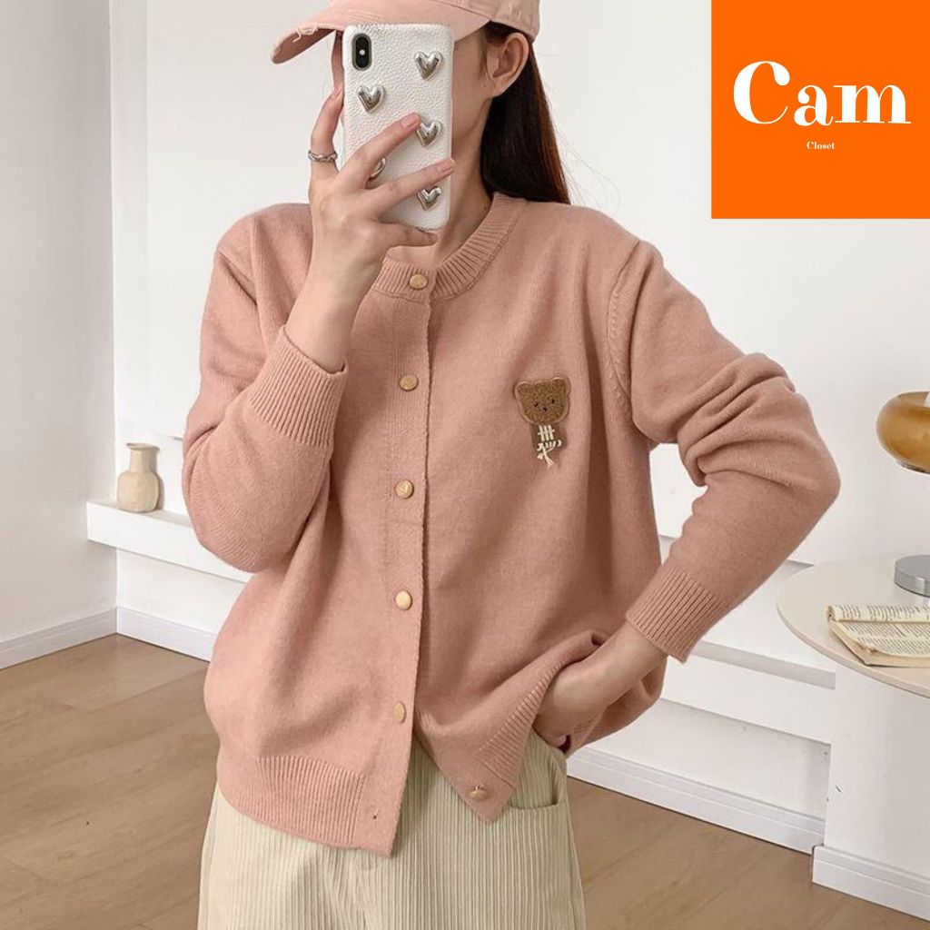 Áo Khoác Len Dệt Kim, Áo Khoác Dệt Kim Mềm Mịn Cổ Tròn Cài Nút Thêu Gấu Ngực Phong Cách Hàn Quốc Hàng Qccc Camcloset