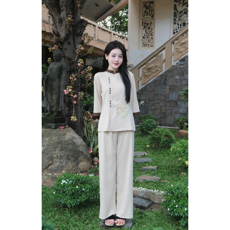 Pháp Phục Đi Chùa, Bộ Quần Áo Đi Chùa Nữ Chất Vải Đũi Tằm Thêu Tâm