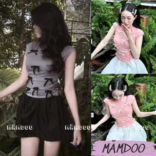 Set đồ bộ MĂMDOO áo kiểu nhún nơ kèm chân váy chữ A xòe chất thun co giãn form Hàn cute ôm body