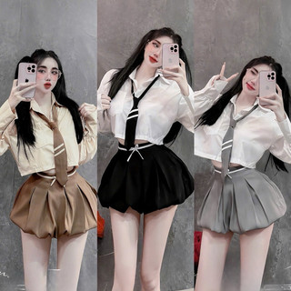  Set Bộ Áo Sơ Mi Tay Dài Croptop + Cà Vạt Sọc + Chân Váy BÍ PHỒNG XOÈ Có Lót Quần 