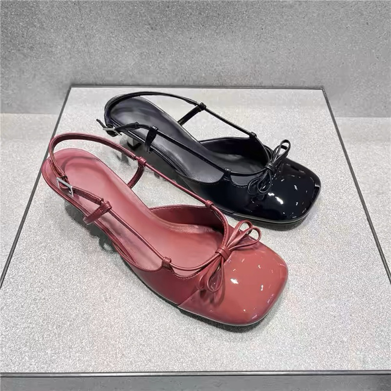 Giày búp bê nữ C mũi vuông đính nơ quai mảnh phối khoá hở gót đế nhọn cao 4.8cm phong cách Mary Jane #2300