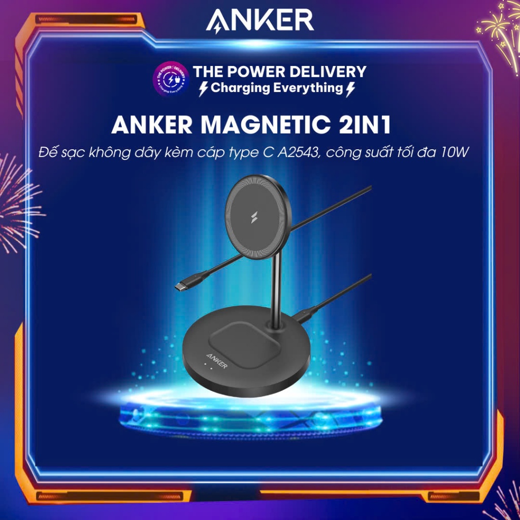 Đế sạc không dây Anker PowerWave Magnetic 2-in-1 Stand Lite kèm cáp Type C A2543, công suất tối đa 1