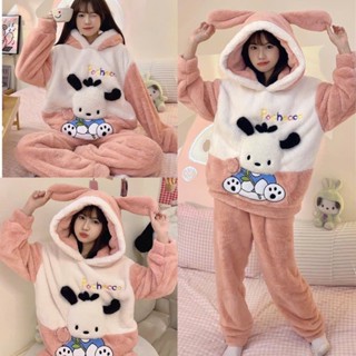  Bộ ngủ lông cừu tai thỏ thêu chú chó POCHACO dễ thương màu hồng Set đồ pijama dài ấm áp mùa đông áo lông tai gấu 