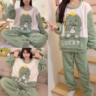  Bộ ngủ lông khủng long xanh LUCKY dễ thương mượt mà 2 mặt ấm áp Set pijama mặc nhà lông cừu form rộng nam nữ unisex 