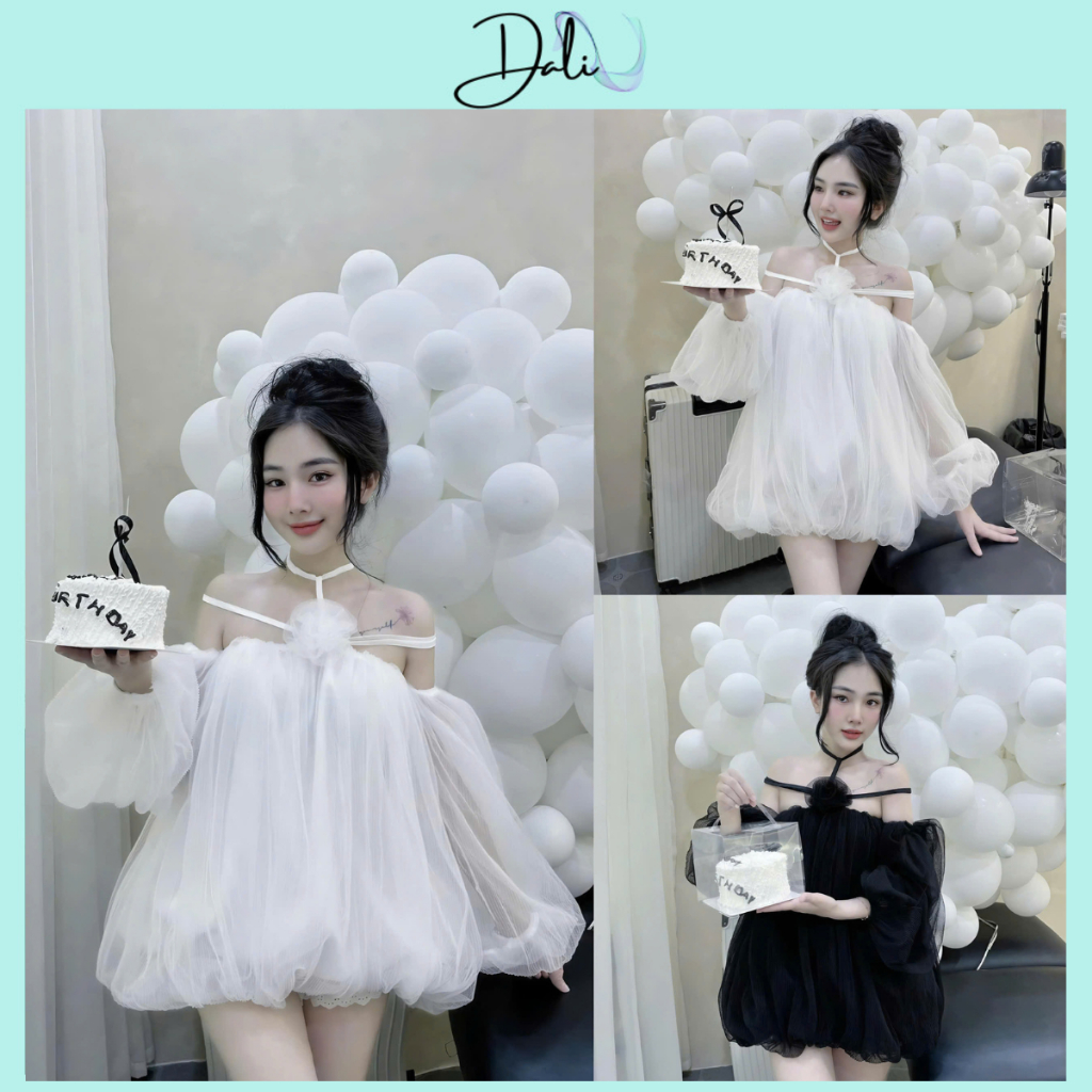 Đầm Dự Tiệc Slay Trễ Vai Lưới Thiết Kế Dáng Bồng Xoè Phối Dây Vai Đính Hoa Sang Trọng Tặng Kèm Quần Trong