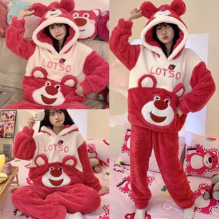  Bộ ngủ lông cừu thêu gấu dâu LOTSO dễ thương mượt mà Set pijama mặc nhà mũ tai gấu form rộng Áo lông nữ hàn quốc 