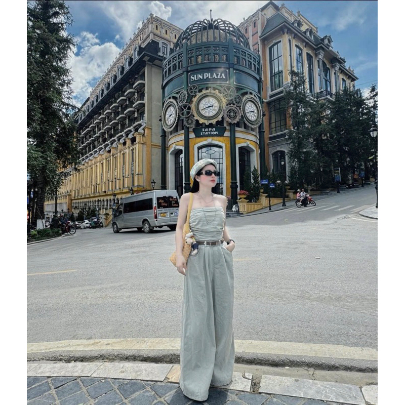 Jumpsuit jean quần suông dài nhún ngực kèm nịt nâu sang chảnh HT224, kèm hình thật sp