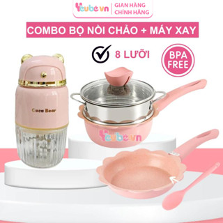 Combo Máy Xay Và Bộ Nồi Chảo Hoa Kèm Nồi Hấp YEUBEVN Chống Dính Ăn Dặm Cho Bé Dùng Được Bếp Từ