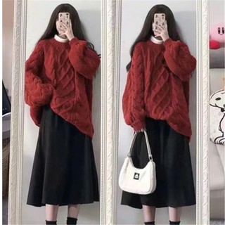  Áo len cổ tròn  Áo len cổ tròn dáng rộng dài tay màu kem màu đỏ vặn thừng phong cách Hàn Quốc ulzzang - RUBY DESIGN 