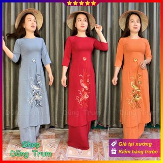 Bộ Áo dài cách tân nữ đi lễ chùa họa tiết thêu hoa chất lụa nhật cực mềm mát