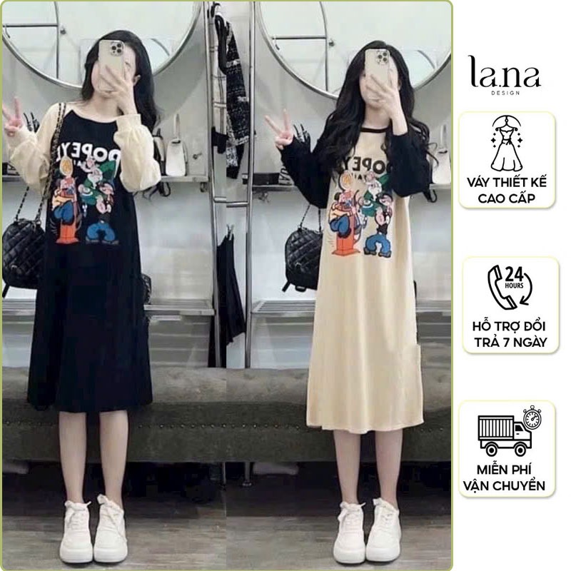 ĐẦM VÁY BẦU NỈ COTTON SIÊU HOT MÙA THU ĐÔNG DÁNG SUÔNG IN HÌNH SANG ĐÁNG YÊU PHỐI MÀU SANG V971