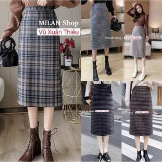  Chân váy dạ kẻ caro dài ôm qua gối công sở 