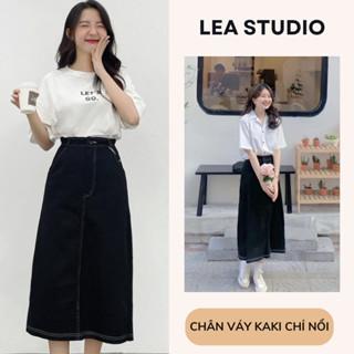 Chân Váy Jean Kaki Dáng Dài Midi Màu Đen Phối Chỉ Nổi Có Lưng Chun Xẻ Tà Sau Thời Trang Hàn Quốc - Lea.studio