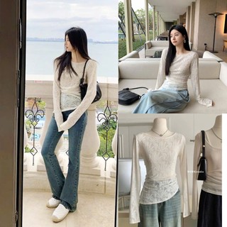   HÀNG LOẠI 1  Áo Thun Ren Hoa Ôm Vạt Chéo Dài Tay Loe Nhún Eo Tôn Dáng LISA TOP 