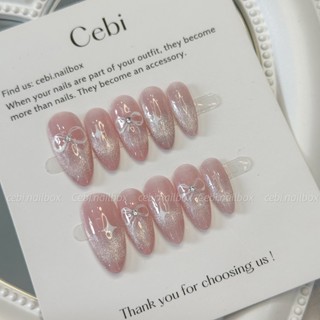Móng úp thiết kế C959 màu thạch hồng mắt mèo nơ coquette tiểu thư cebi.nailbox